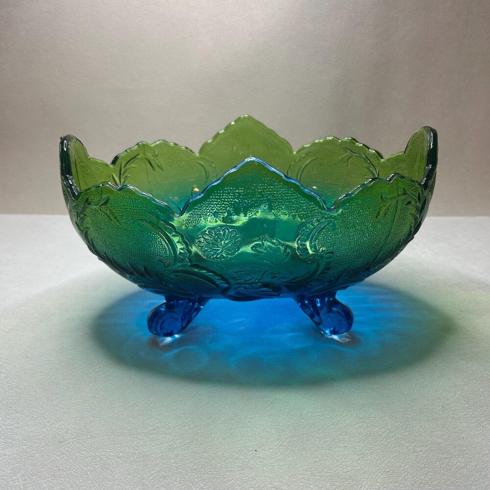 Vintage Jeanette Lombardi Flash Blue Green Ombre Compote Footed 10”Bowl - A73